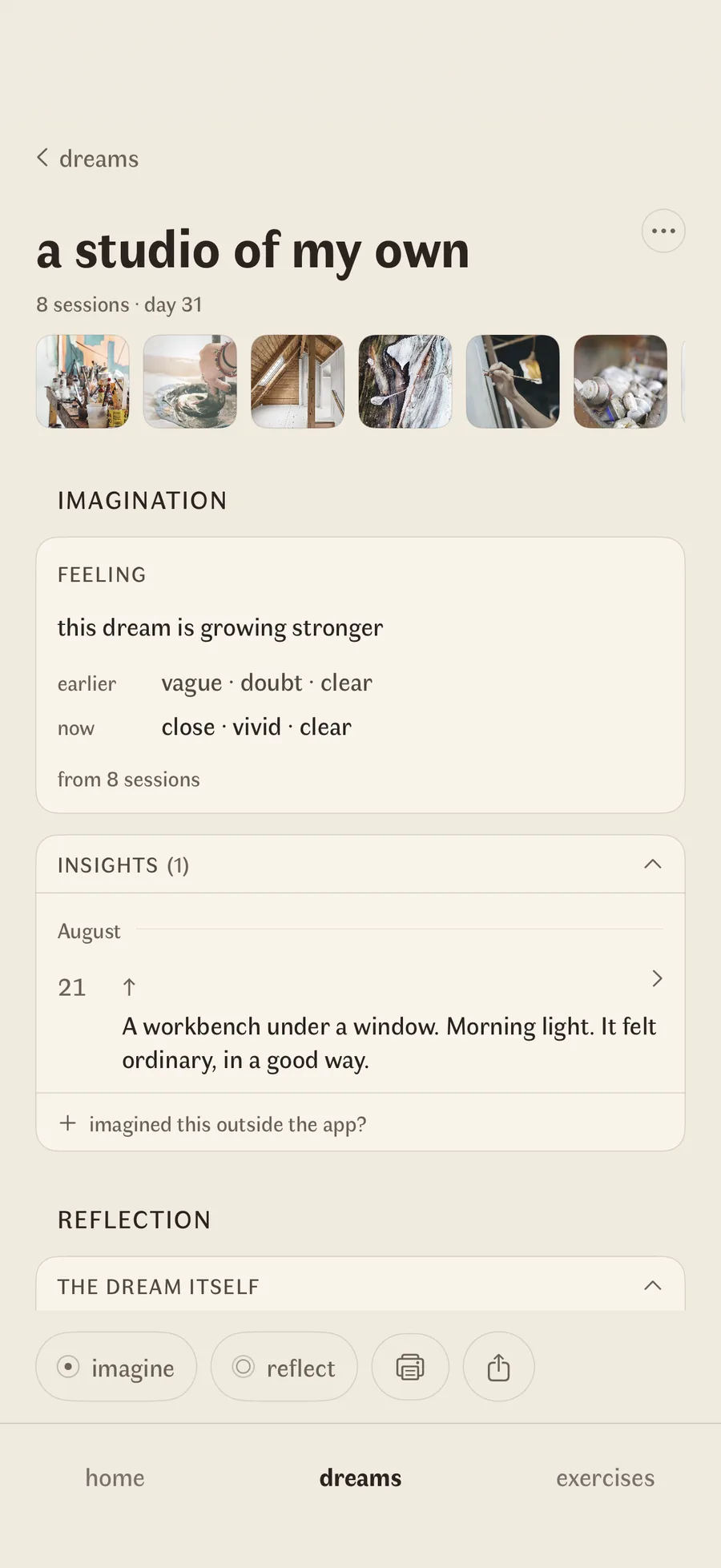 A dream's page: its photographs in a row, then the words from eight sessions moving from vague to close and vivid, an insight kept in August, and the reflection below