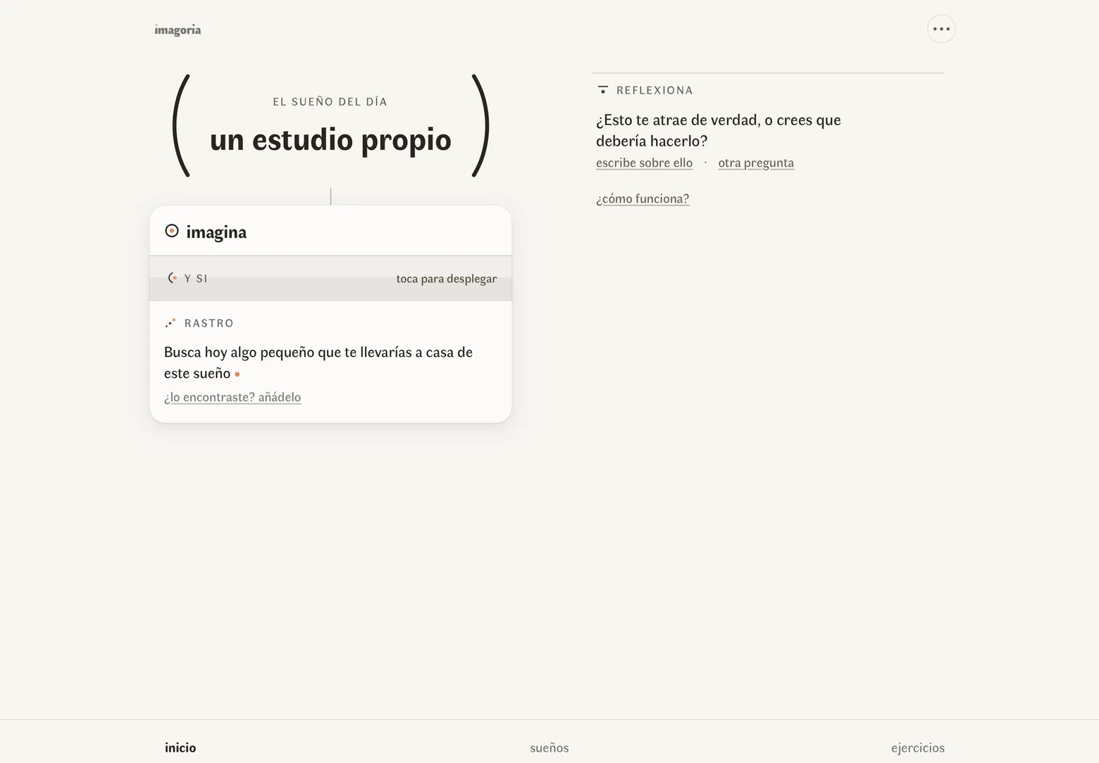 Imagoria en un iPad en horizontal, en dos columnas: a la izquierda el sueño del día y su hoja, a la derecha la pregunta para pensarlo con escribe sobre ello y otra pregunta