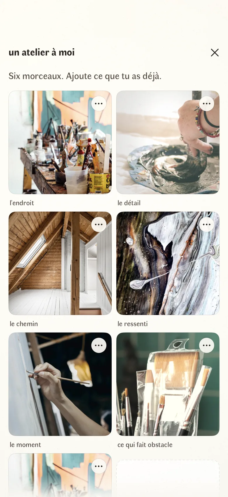 Les six photographies d'un rêve réunies : six morceaux de ton rêve, et sous cette ligne leur grille, chacune sous son propre nom : l'endroit, le détail, le chemin, le ressenti, le moment et ce qui fait obstacle