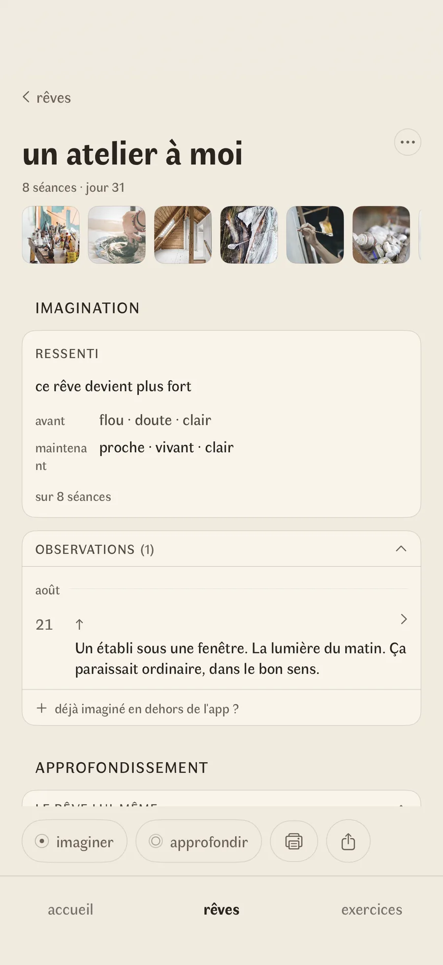 La page d'un rêve : ses photographies alignées, puis les mots de huit séances passant de flou à proche et vif, une intuition gardée en août, et la réflexion en dessous