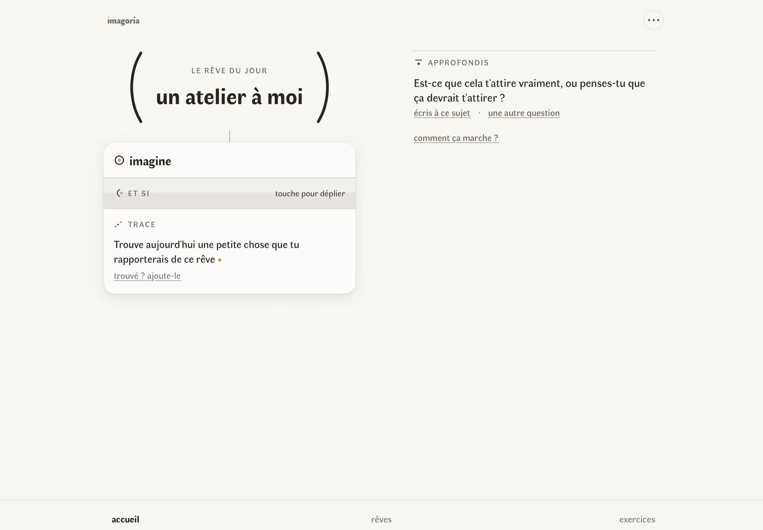 Imagoria sur un iPad à l'horizontale, en deux colonnes : à gauche le rêve du jour et sa feuille, à droite la question pour y réfléchir avec écris à ce sujet et une autre question