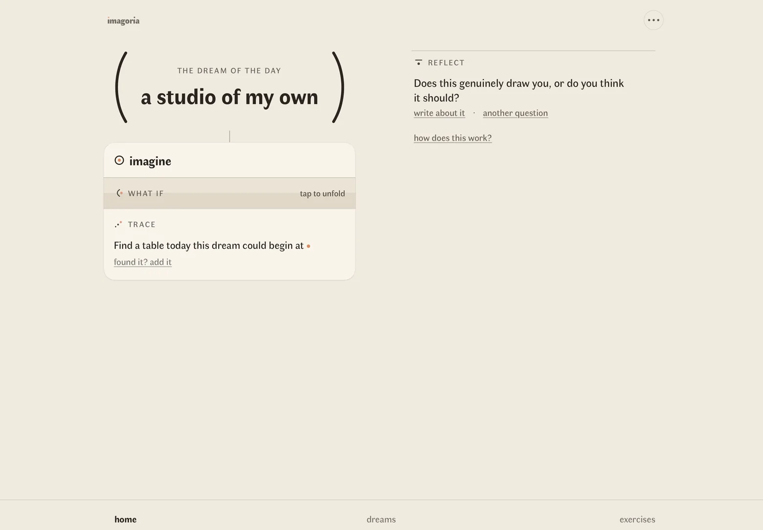 Imagoria on an iPad held sideways, in two columns: the dream of the day with its sheet on the left, and on the right the question to think it through with write about it and another question