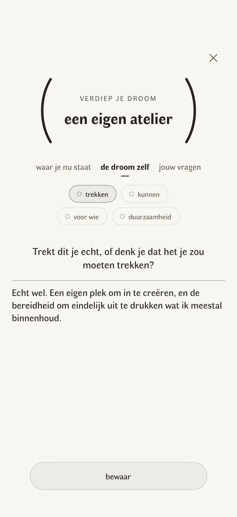 Een verdieping: de naam van de droom, de droom zelf gekozen naast waar je nu staat, de vier facetten met trekken aangetikt, en onder de vraag trekt dit je echt, of denk je dat het je zou moeten trekken, het antwoord in de eigen woorden