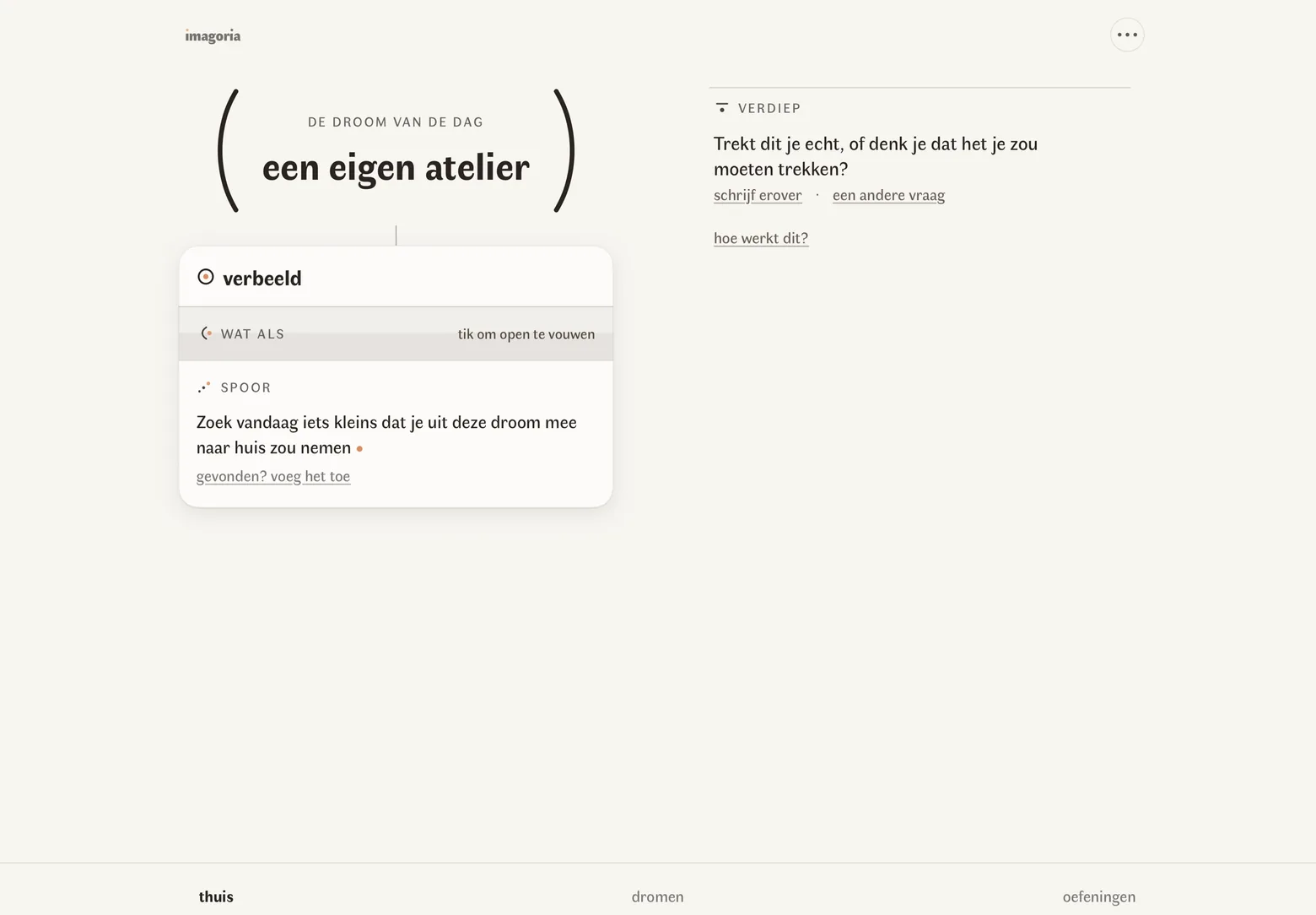 Imagoria op een iPad in liggende stand, in twee kolommen: links de droom van de dag met zijn blad, rechts de vraag om hem door te denken met schrijf erover en een andere vraag